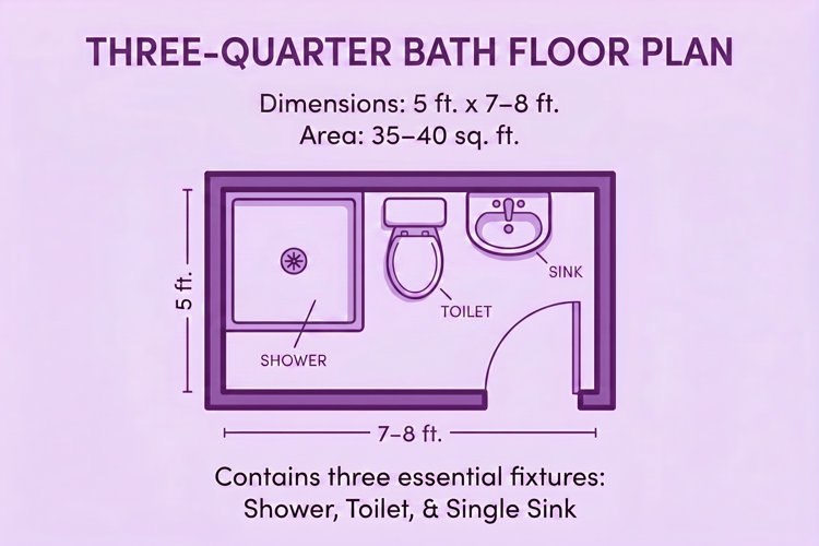 diagram of the three-quarter bathroom floor plan layout, including the total dimensions, area, and key fixtures