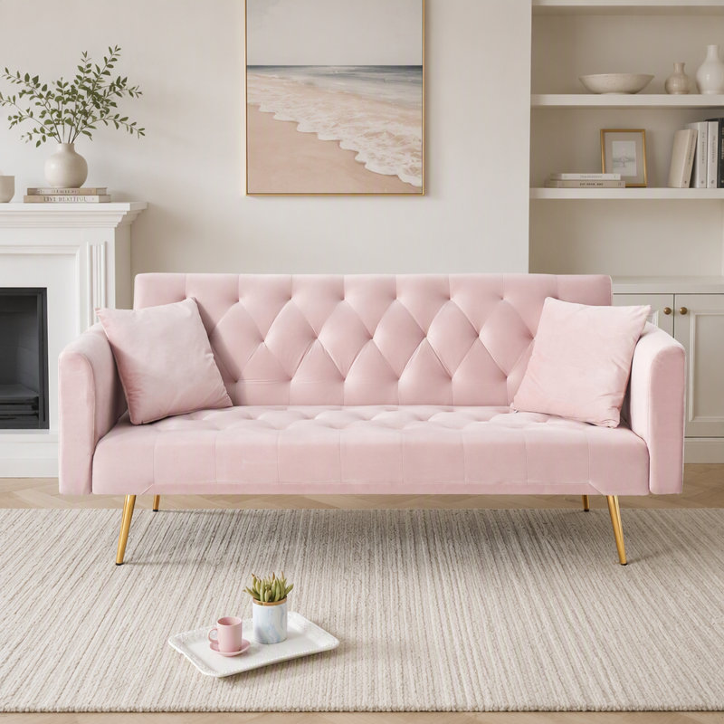 Canapé convertible de 71 pouces en velours rose rétro American, parfait pour les petits espaces et polyvalent