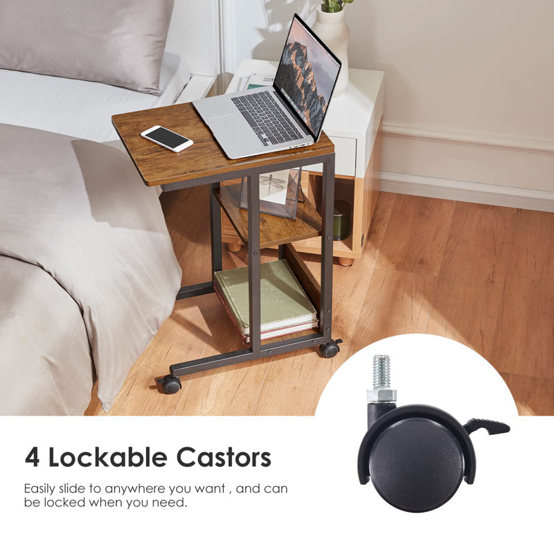 C-Shaped Side End Table With Wheels, Brown, Black