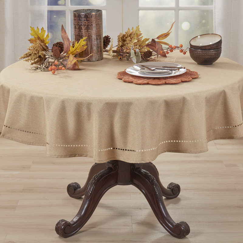 Laser-Cut Hemstitch Tablecloth 60" Round - Natural Soft Textured Elegant Table Cover, Natural