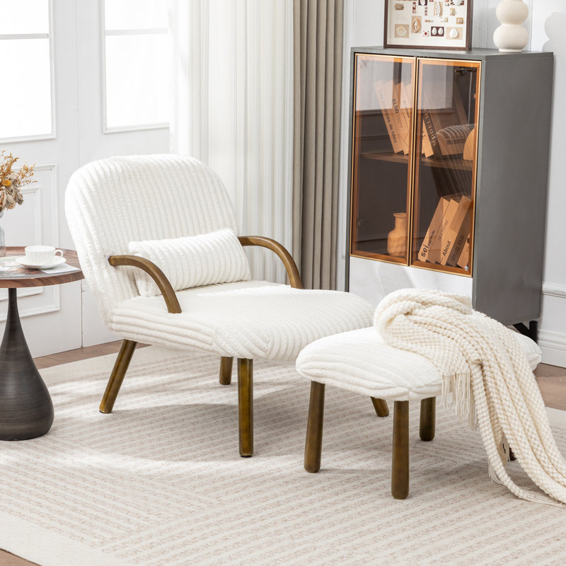 Méridienne moderne, fauteuil d'appoint avec repose-pieds et pieds en bois massif Modern, Fausse fourrure de lapin blanche