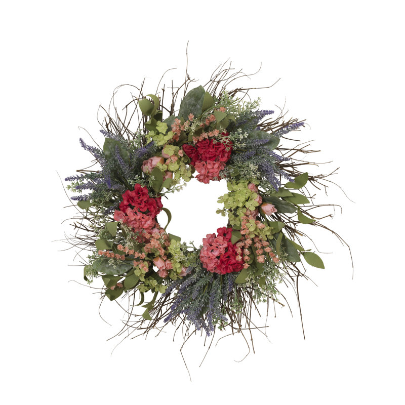 24-Inch Natural Twig and Mixed Flower Wreath – Vibrant Spring & Summer Door Decor with Hydrangeas and Lavender