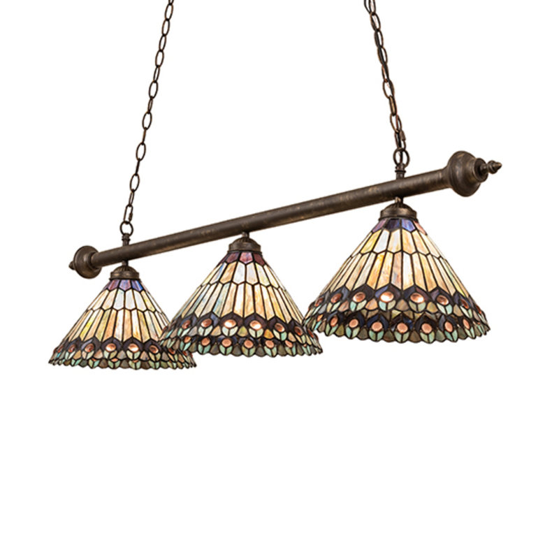 47" Long Tiffany Jeweled Peacock 3 Light Island Pendant