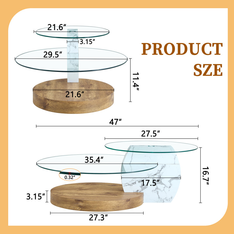 Double Clear Glass Oval Single Coffee Table, Brown/White