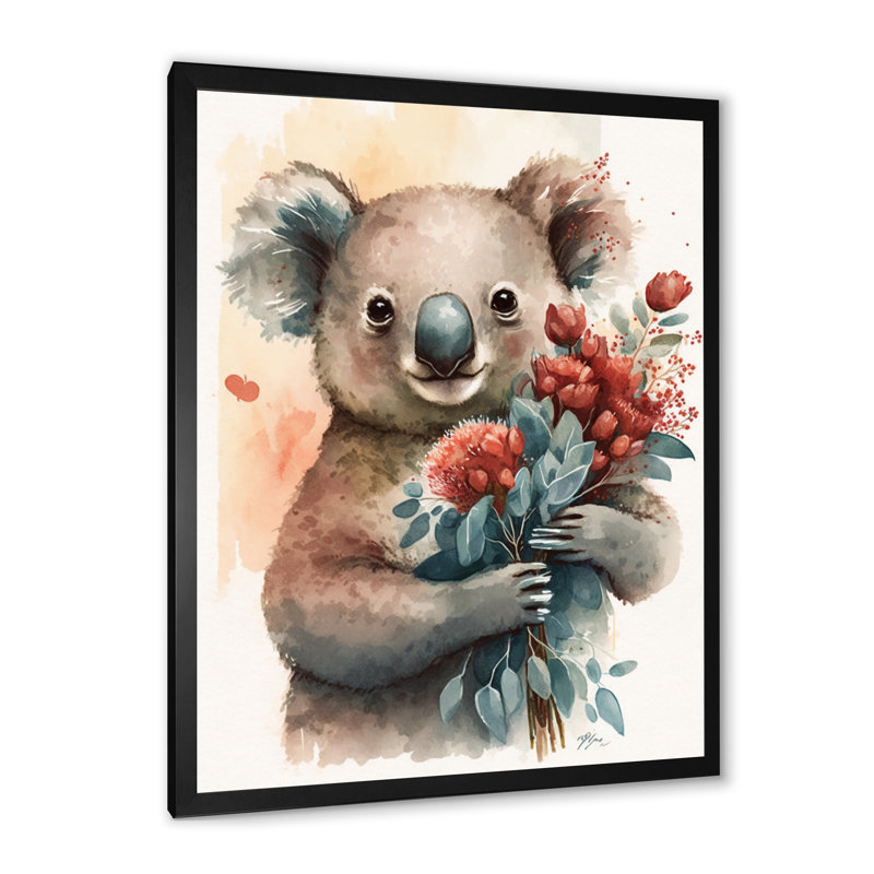 Koala Bear Love tenant des fleurs - reproduction sur toile, L 16 po x H 32 po, Impression noire sur toile encadrée
