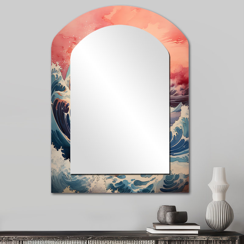 Chef-d'œuvre rose, la grande vague de Kanagawa I - miroir mural unique en forme d'arche, miroir asymétrique moderne