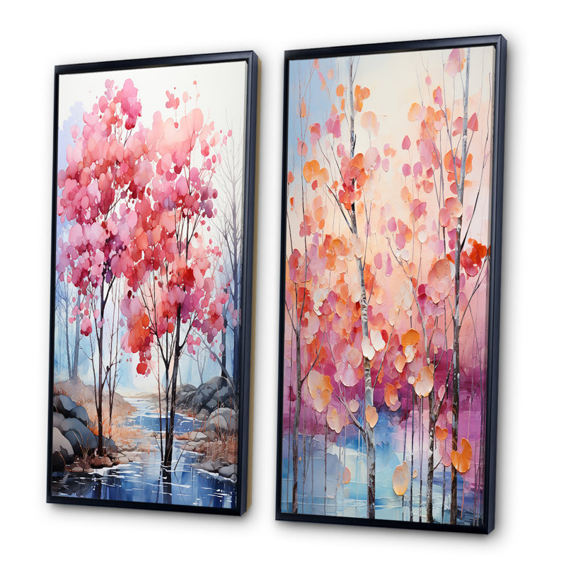 «Pink and Blue Trees Field Pointillism», 2 pièces, Cadre noir, H 40 po x l 40 po