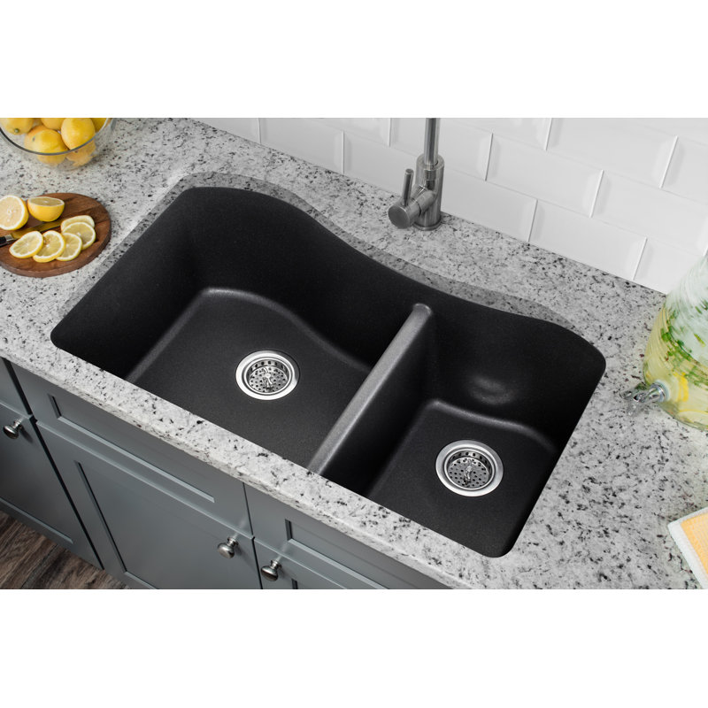 32.5'' L Double Bowl Quartz Kitchen Sink, Inox Gray