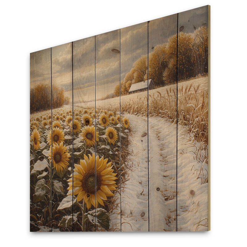Tournesols le long du chemin enneigé I - Décoration murale en bois de tournesols - sur bois de pin naturel