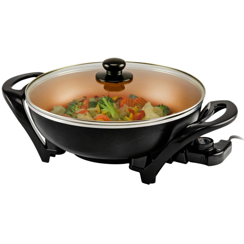 OVENTE Electric Wok with Nonstick Coating, 13 Inch Family-Sized Skillet, 1400W Power, Adjustable Temperature, Tempered Glass Lid, Cool Touch Handles and Easy to Clean Frying Surface, Copper SK3113CO