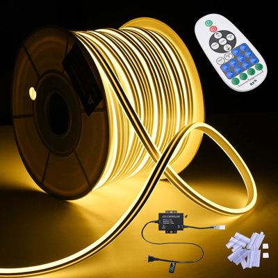  150FT/45m Warm White LED Strip Neon Rope Lights with Remote Control, IP65 AC 110V Waterproof Music Sync Dimmable Cuttable SMD3535 LED Lights DIY for Bar Outdoor Commercial Decoration