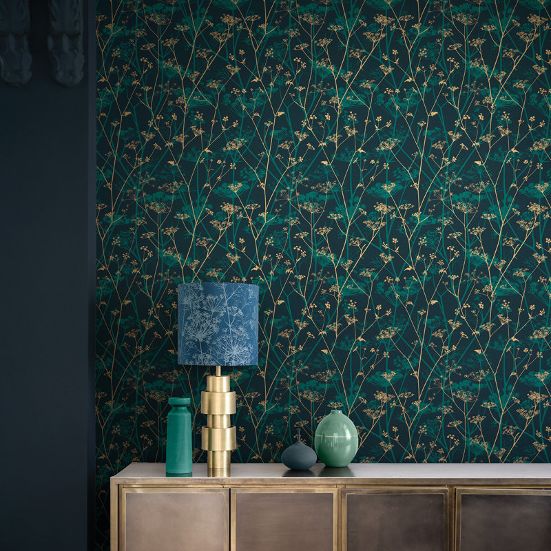 Floral Metallic Wallpaper Roll, Sage/Gold