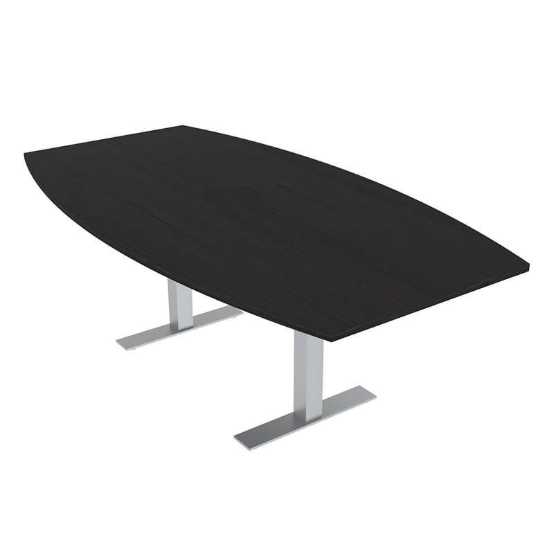 Table de conférence en forme de bateau avec base en T en métal, L 84 po x l 48 po, Cyprès noir, Argent argent