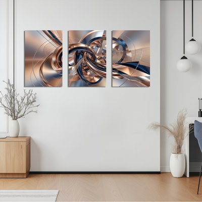 Ensemble de 3 tableaux abstraits en spirales métalliques sur toile tendue, pour une décoration murale moderne dans un salon, une chambre ou un bureau.