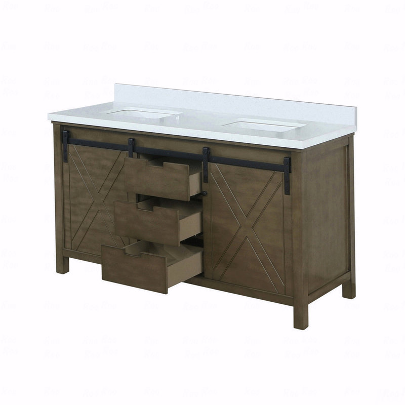 Meuble-lavabo double 60 po x 22 po, Quartz blanc, Brun
