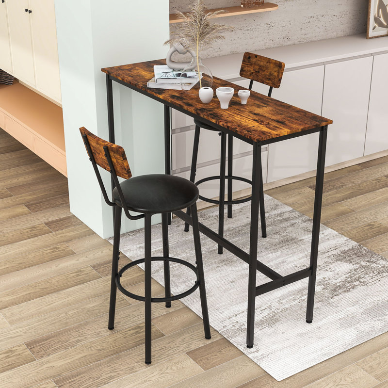 Ensemble de table de bar 3 pièces avec 3 tabourets, Brun rustique, Brun rustique / noir