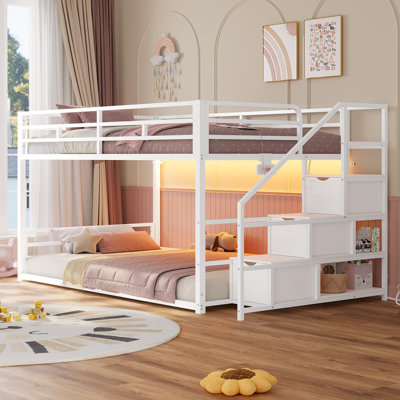 Low Bunk Bed With Storage Staircase, Drawers And Shelves, Led Lights, Power Outlet, Full-length Guardrail, For Small Space