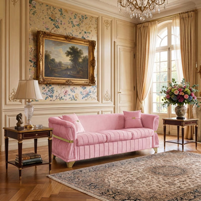 83.5" Modern Sofa with Gold-Tone Trim, Tapered Legs, Curved Armrests, and 2 Pillows