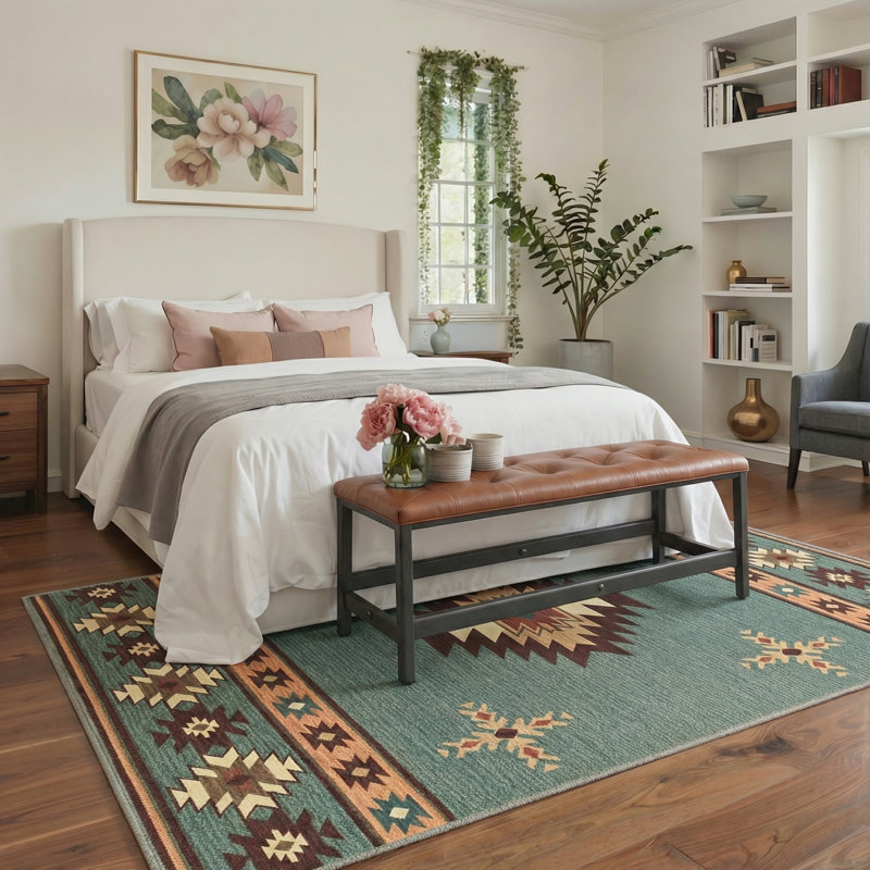 Southwestern Sage Tribal Medallion Oriental Performance Area Rug, Machine Washable, Soft Faux Cashmere& Non-Slip Backing