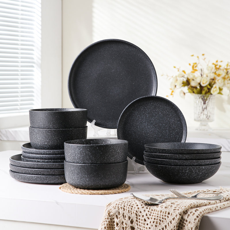 Milvio 16 Piece Stoneware Matte Reactive Glaze Dinnerware Set, Service For 4, Black