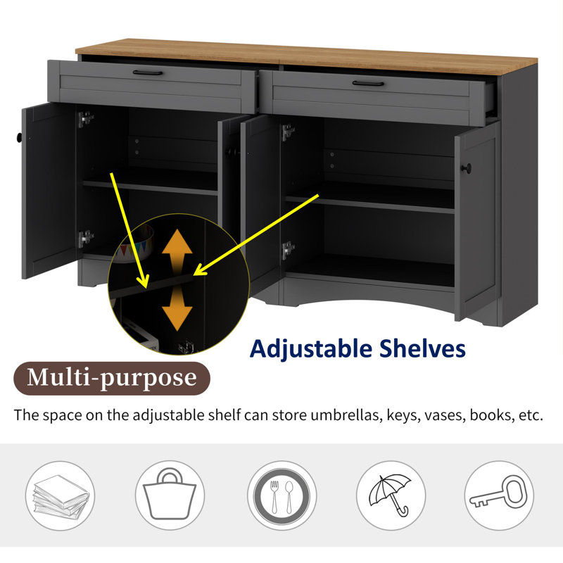 Farmhouse Sideboard With Adjustable Shelves And Rustic Handles, Gray