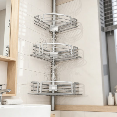 Barre de tension de coin pour chariot de douche: tablettes de douche antirouille avec barre à serviettes et porte-savon, organisateur de bain réglable pour le rangement de la salle de bain, 27,6 à 108,3 pouces, argent