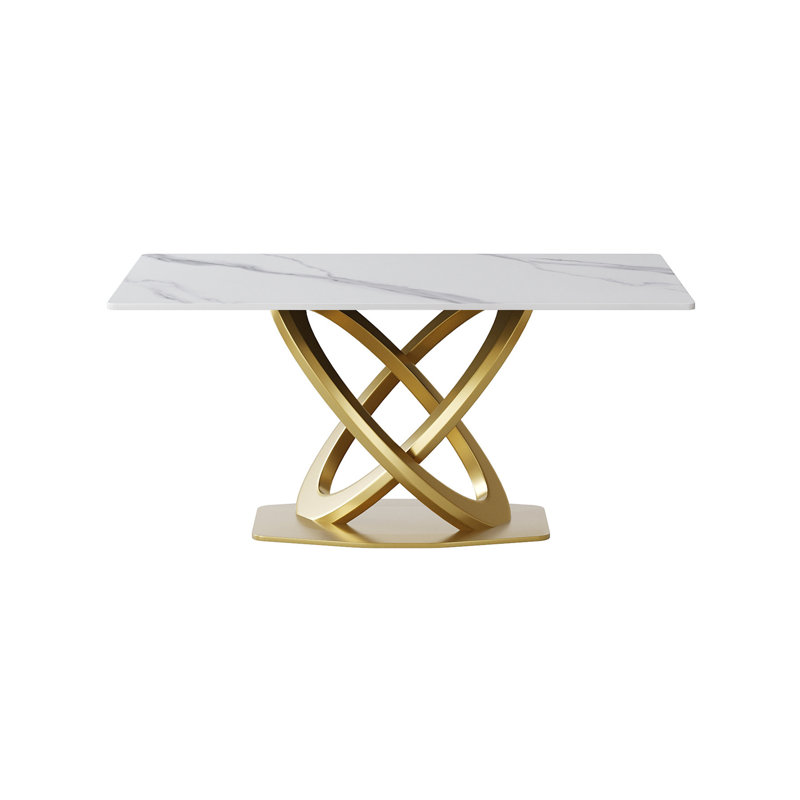 Table rectangulaire de 63 po - Pierre frittée blanche, pieds doubles stables, pouvant accueillir 6 à 8 personnes