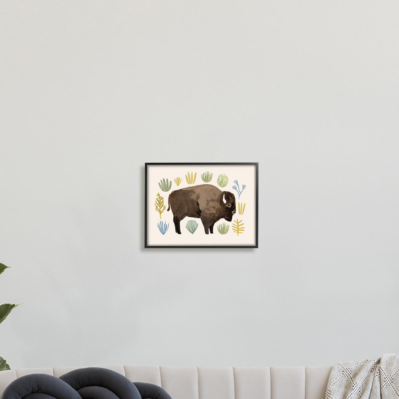 Buffle à cornes brun vert terre cuite, H 11 po x l 14 po, Giclée encadrée noir minuit