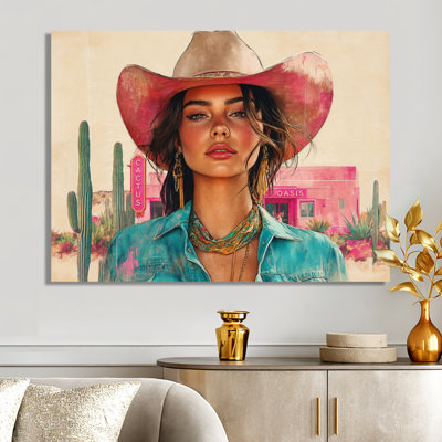Portrait d'une cowgirl dans un motel du désert - Décoration murale sur toile de style western