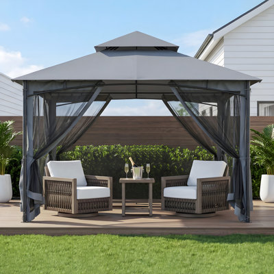 10 Ft. x 10 Ft. Outdoor Gazebo, Metal Frame Patio Gazebo with Double Tier Roof, Waterproof Canopy and Mosquito Netting, Outdoor Shelter Tent for Backyard, Lawn, Deck, Garden, Poolside, Gray
