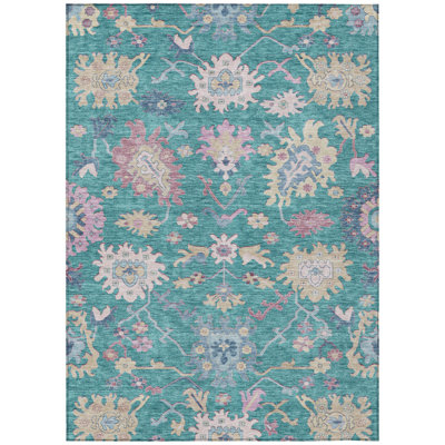 3' X 5' Teal Blue Pink And Ivory Floral Washable Indoor Outdoor Area Rug