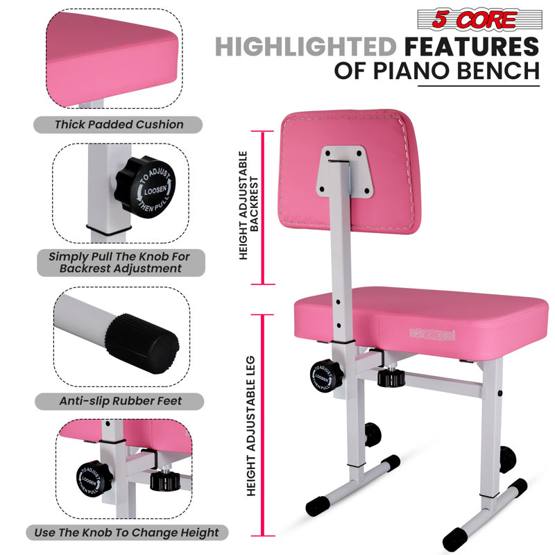 5 Core Piano Bench Height Adjustable Keyboard Stool Stool Heavy Duty Thick Padded Cushioned Seat with Backrest, Pink