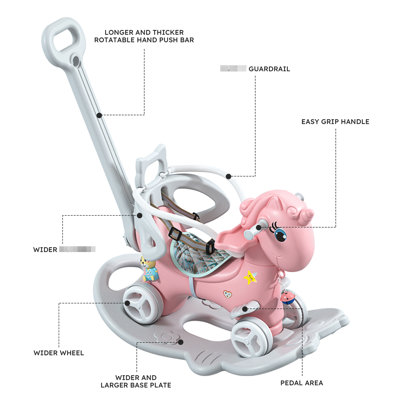 Description de Cheval à bascule rose, vélo d'équilibre avec poignée de poussée et planche