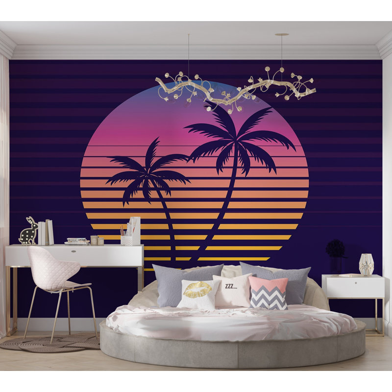 Papier peint de qualité supérieure - Palmiers rétro au coucher du soleil, L 96 po x l 120 po