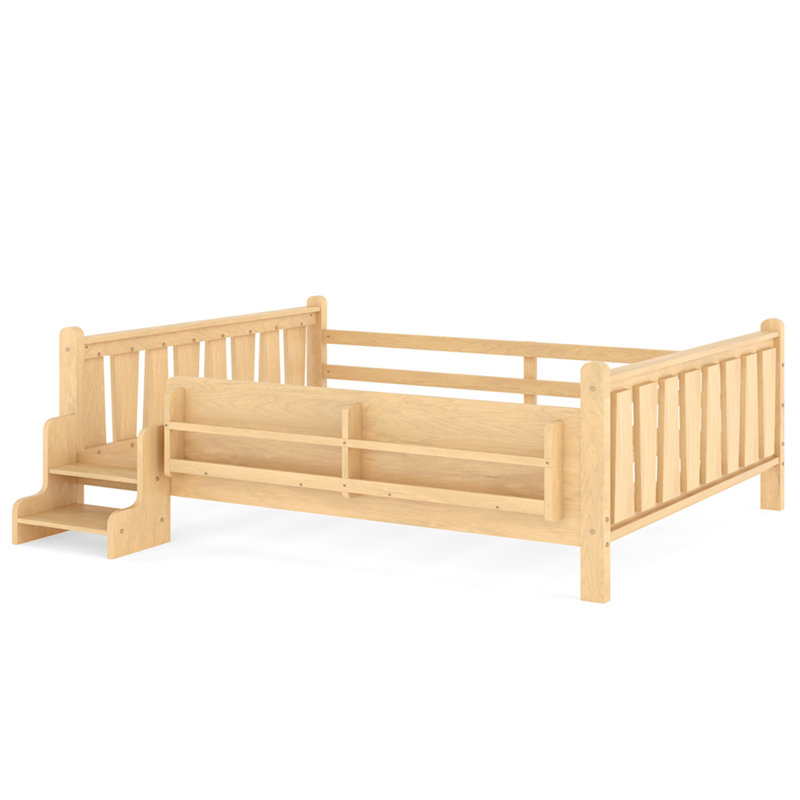 Grand lit au sol avec bibliothèques de rangement, lit en bois massif pour enfants avec de jolis escaliers et garde-corps, aucun sommier nécessaire, naturel clair