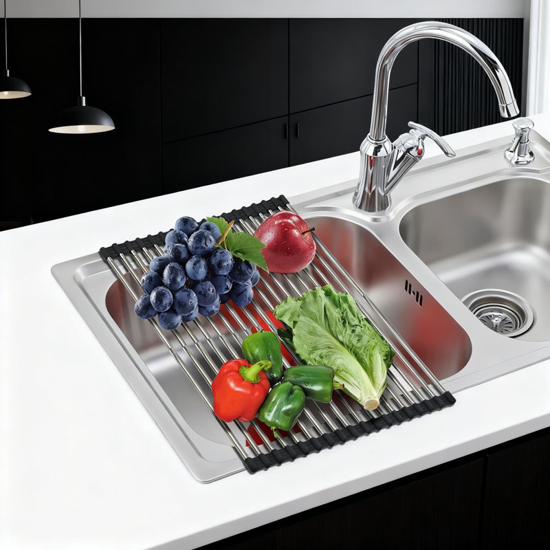 Large Telescopic Dish Drying Rack Over The Sink - Heat-Resistant Roll Up Drain Rack With Super Load-Bearing Capacity - Expandable Stainless Steel Sink Organizer For Kitchen