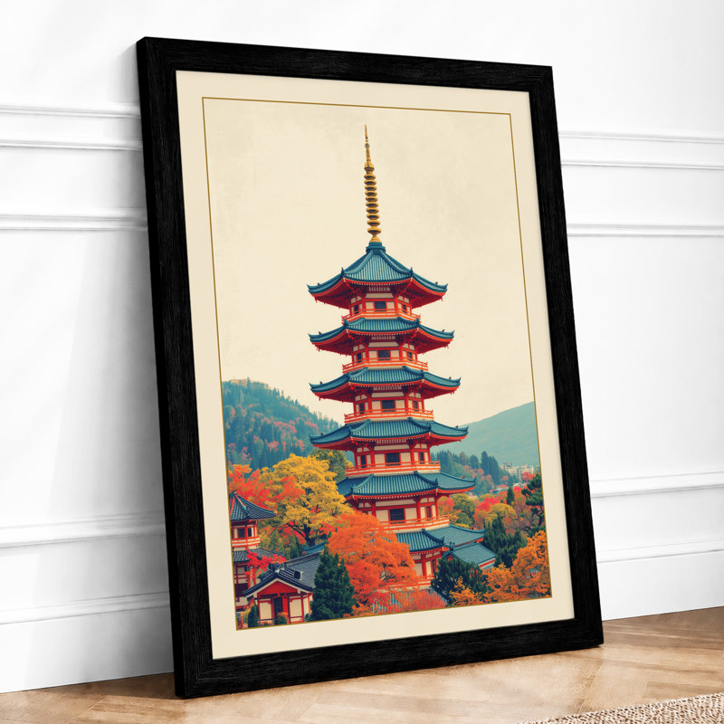 Pagoda in Gold Japandi - Framed Print, A3 - 42.0 x 29.7 cm, Black