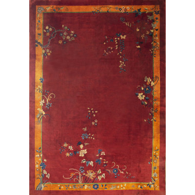Rustic Red Color Wool Pile Antique Hand Knotted Large Room Size Chinese Deco Rug