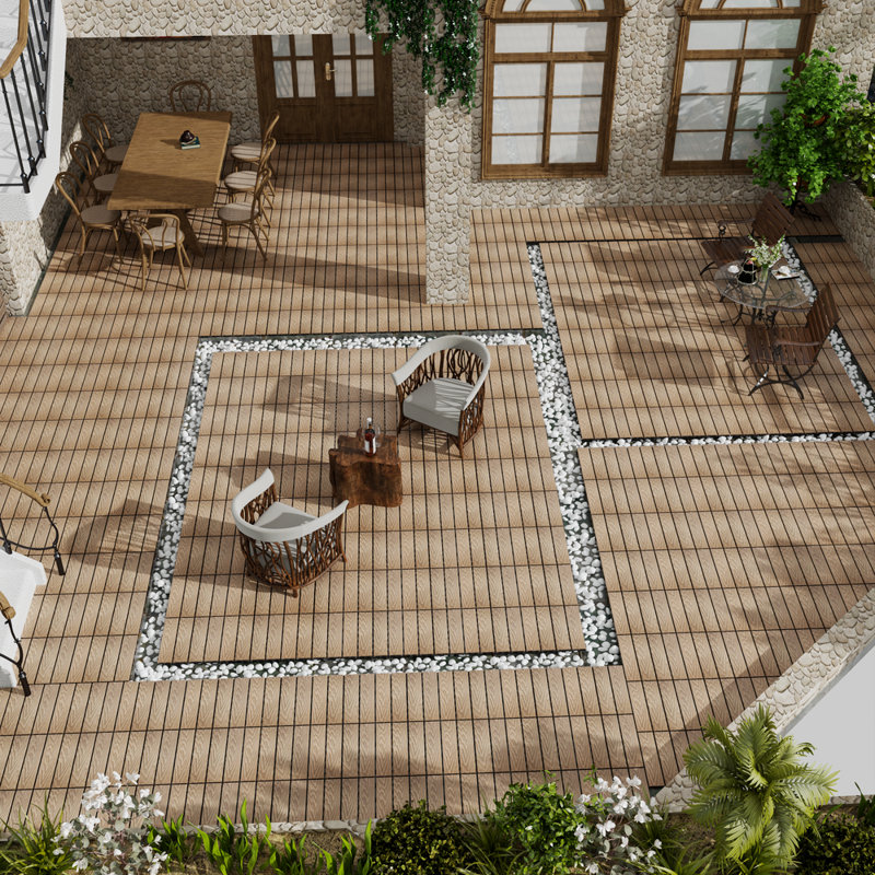 11 - Piece Wpc Interlocking Patio Floor Tiles  Wood - Plastic Composite, Stone - Style Pattern, Easy Installation