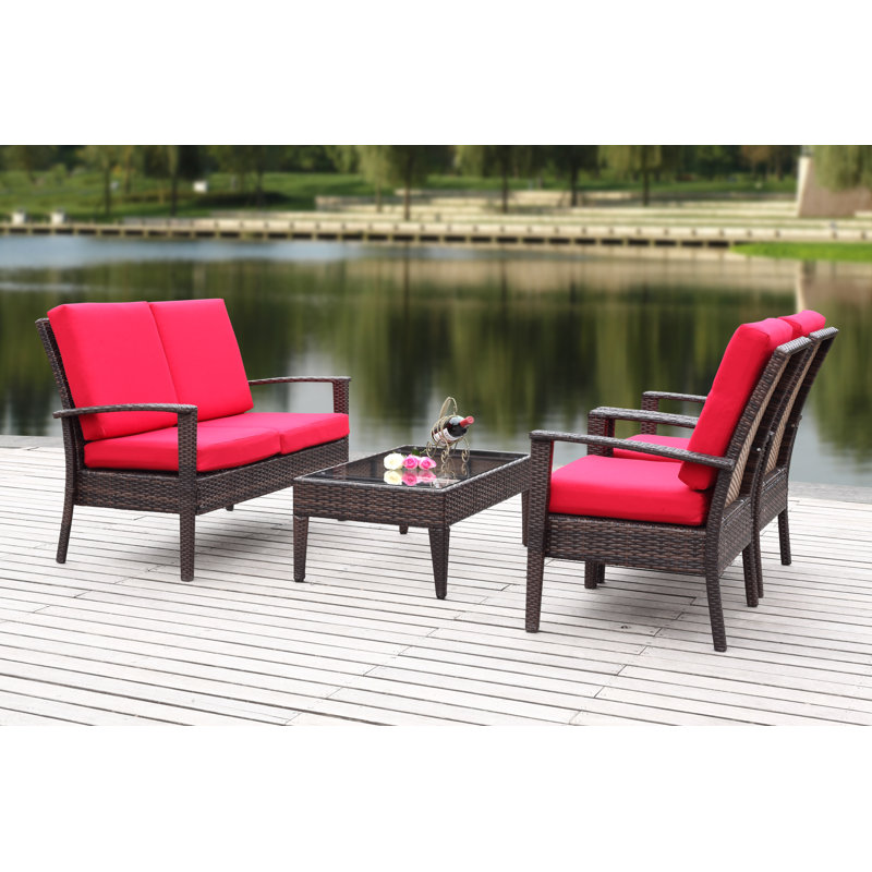 Ensemble de conversation avec canapé et coussins en rotin 4 pièces, Brun, Rouge