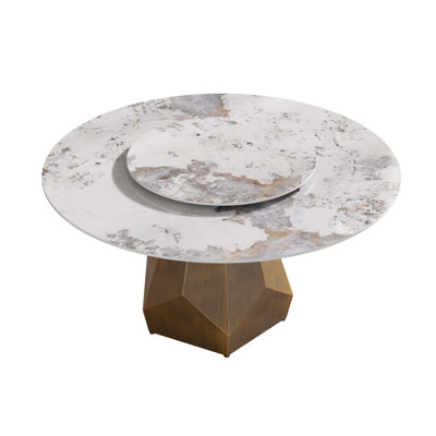 59.05" Round Marble Dining Table with Metal Base, Artificial Marble for 6-8 People, Dining Room/Living Room Kitchen Dining Table,White (Dining Table O