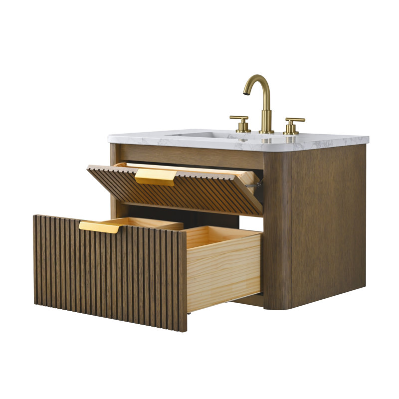 Liljan 30'' Wall-Mounted Single Bathroom Vanity with Engineered Stone Top, Aged Oak/Brushed Bronze