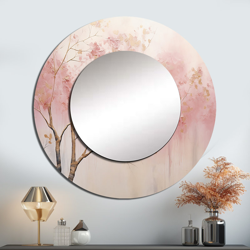 Rosshirt Minimalisme rose et doré forêt II - miroir forêt, miroir mural rond traditionnel unique, impression d'art en métal