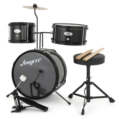 3-Piece Junior Drum Set for Beginners – Complete Kit with Cymbals, Throne Stool & Pedal, Wood & Metal Construction – Black for Home Practice, Learning & Gifts