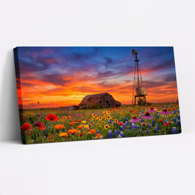 Sunset Farmhouse With Wildflowers And Windmill Canvas Wrapped Wall Art Oil Painting Print Set Of 1