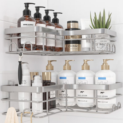 Corner Shower Caddy - 2 Pack, Adhesive Shower Organizers, Rustproof Stainless Steel Shower Shelves with 8 Hooks, No Drilling Bathroom Organizers and Storage Racks, Space-Saving, Silver, X-Large