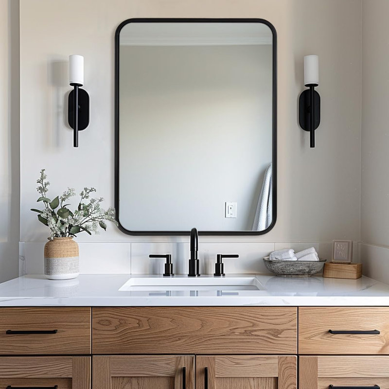 Contemporary Rectangle Bathroom Vanity Mirror | Stainless Steel Thick Frame, 32" x 24", Matte Black