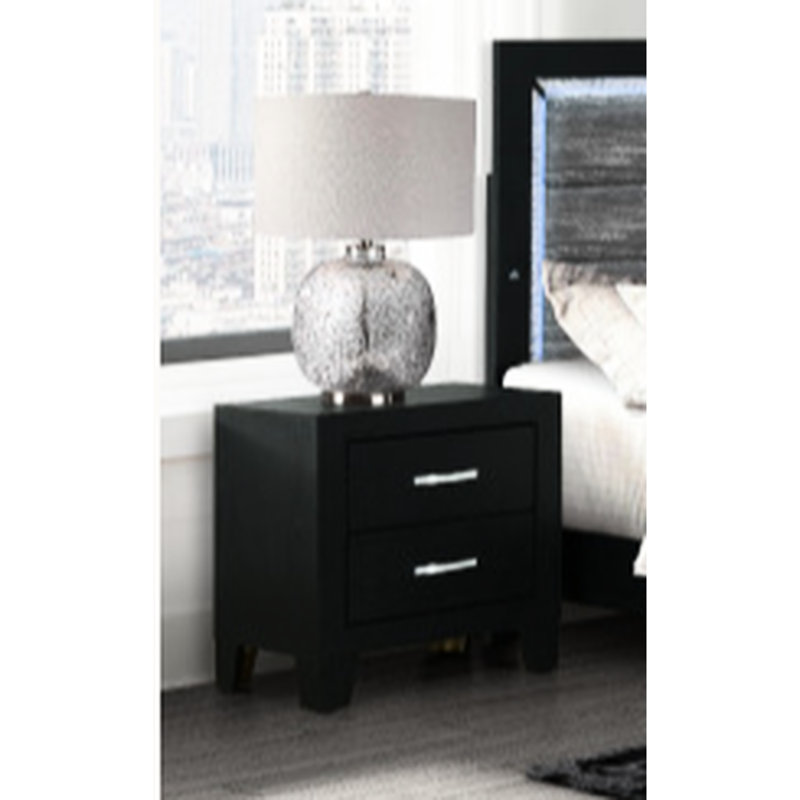 Table de chevet moderne avec détails noirs et 2 tiroirs, bois massif et accents glamour