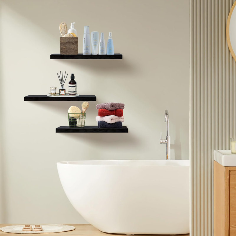 Floating Shelves For Wall Set Of 3, 16" Rustic Wood Wall Shelves, Black