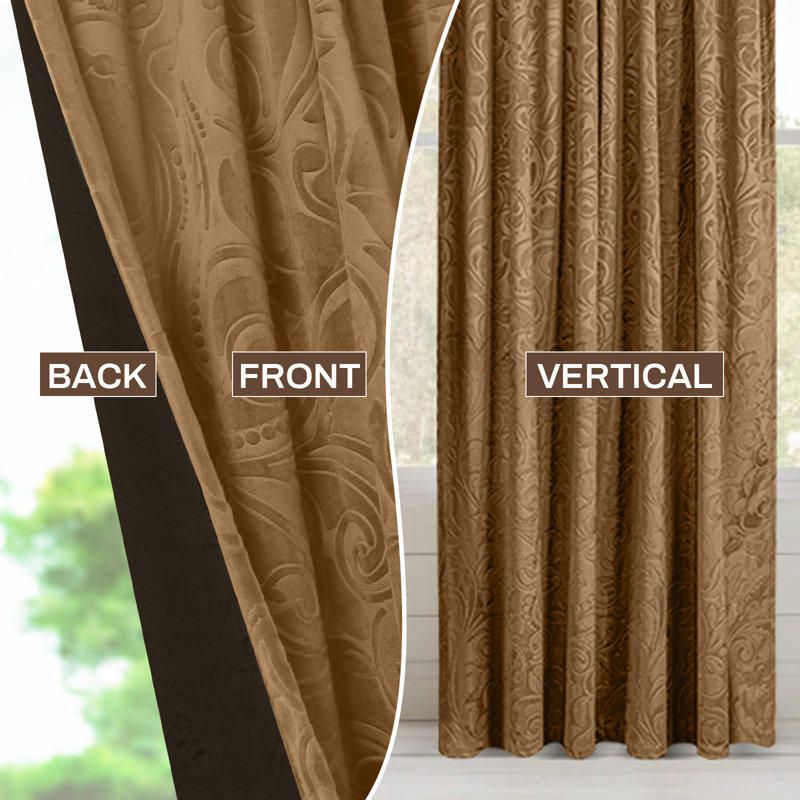 Rideaux occultant luxueux en velours à motif floral damassé et isolant thermique, L 52 po x L 96 po, Doré